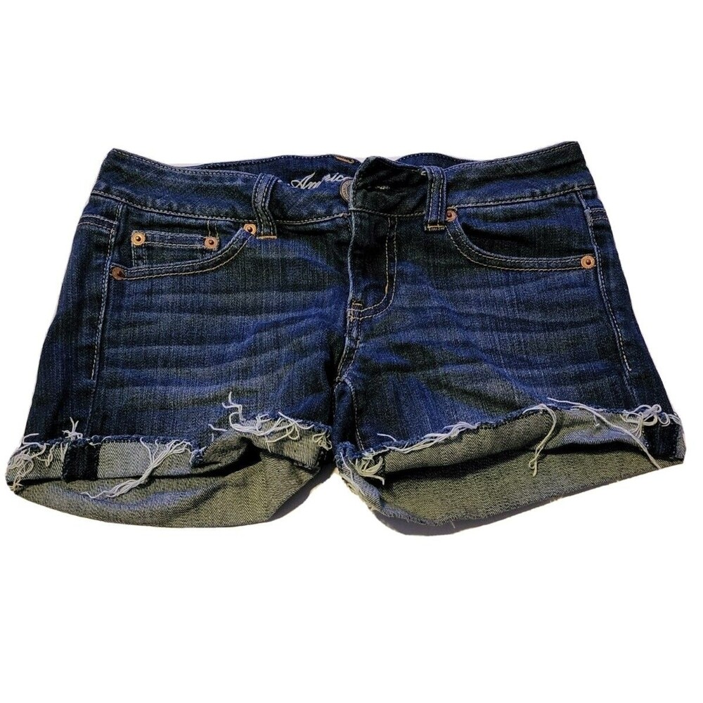 American Eagle Jean Shorts Womens 2 Low Rise Blue Cut Off Stretch Denim Ripped